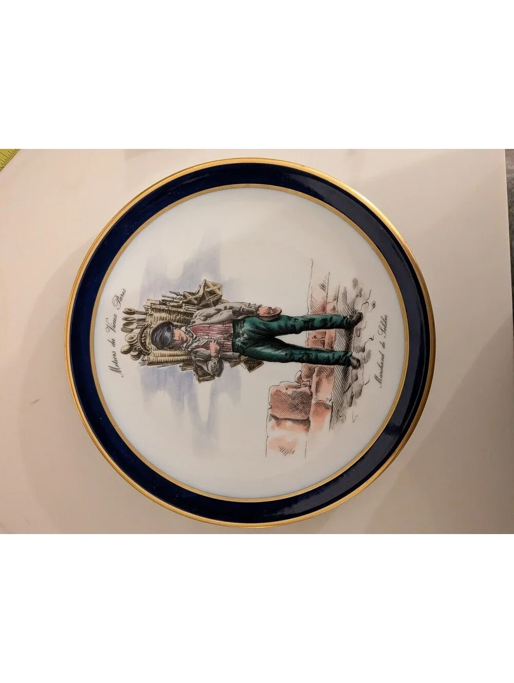 Vintage Bavaria Germany Porcelain Plate Marchand de Sabots Cobalt Blue&Gold Trim